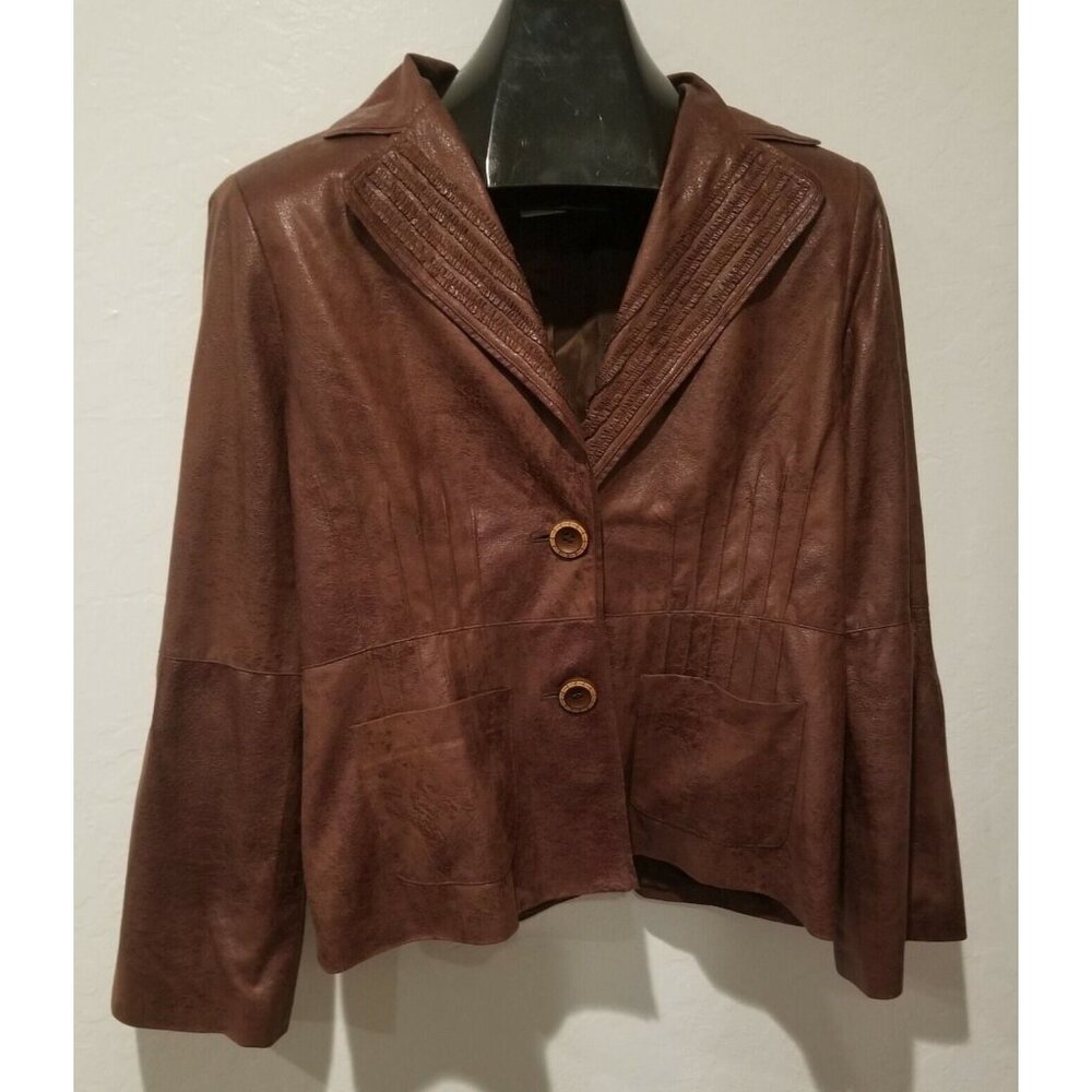 City Girl Nancy Bolen Womens Medium Faux Leather Jacket Two-Button Brown Lined